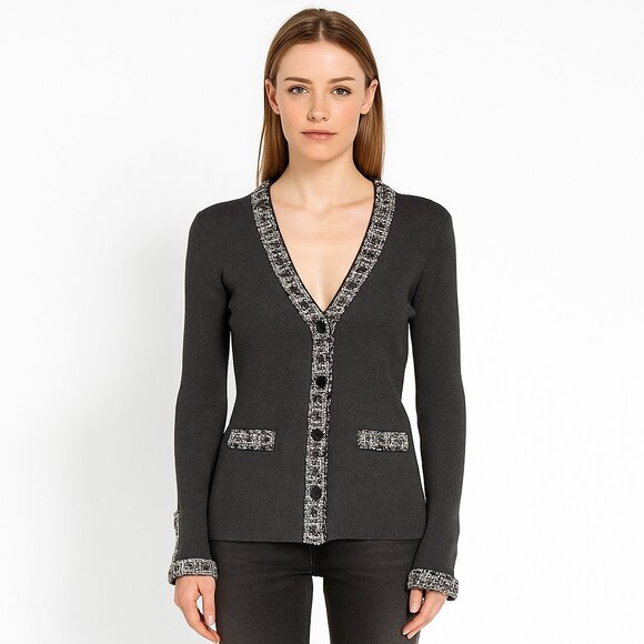 Chanel gray tweed trim cardigan size 38 - Picture 1 of 8